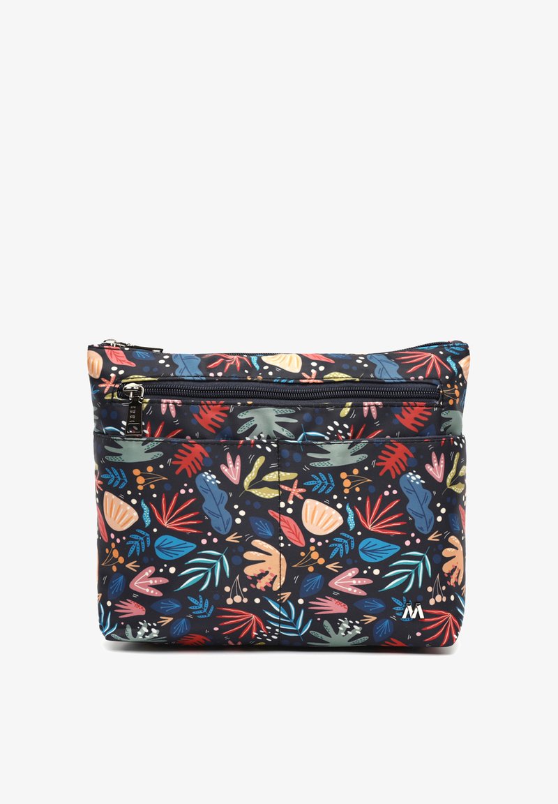 Kompaktna torbica na patentni zatvarač s šarenim apstraktnim uzorcima listova i biljaka na tamnoj pozadini, s više pretinaca.