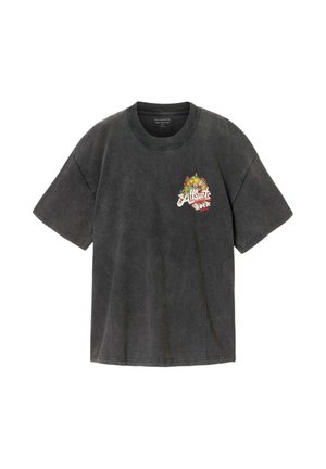 Hiilenharmaa lyhythihainen T-paita, jossa värikäs kukka- ja tekstikuvio, jossa lukee "AllSaints Rock" vasemmassa rinnassa.
