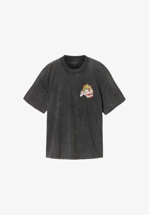 Hiilenharmaa lyhythihainen T-paita, jossa värikäs kukka- ja tekstikuvio, jossa lukee "AllSaints Rock" vasemmassa rinnassa.