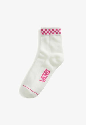 Weiße Knöchelsocke mit rosa kariertem Bündchen, rosa Zehenlinie und rosa "VANS"-Logo an der Seite.