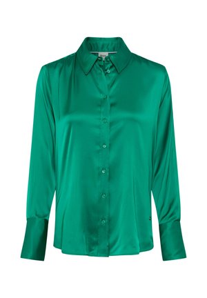 Blusa in satin verde con colletto, maniche lunghe, chiusura a bottoni e maniche con polsini. Tessuto liscio e finitura lucida.