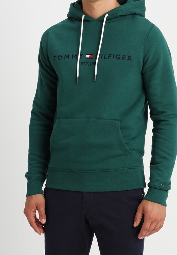 Hoodie vert avec une poche kangourou à l'avant, des cordons de serrage et un logo brodé. Tissu en mélange de coton avec des poignets et un ourlet côtelés.