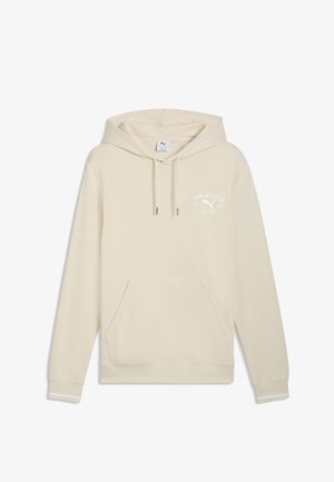 Sudadera con capucha beige de Puma con bolsillo tipo canguro en el frente, capucha con cordón y pequeño logo blanco de Puma Athletics en el pecho izquierdo.
