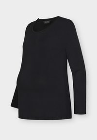 Μαύρο μακρυμάνικο τοπ εγκυμοσύνης με στρογγυλεμένο ντεκολτέ, στρογγυλεμένη άκρη και μαλακό, ελαστικό ύφασμα σχεδιασμένο για άνεση και εφαρμογή.