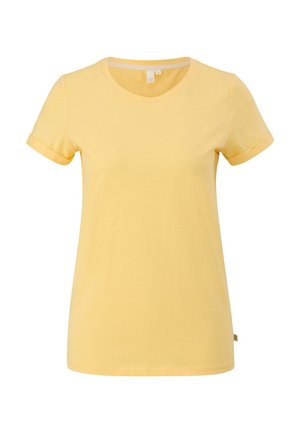 T-shirt jaune en coton à manches courtes avec revers sur les manches et encolure ronde, taille petite, présenté sur un fond blanc.