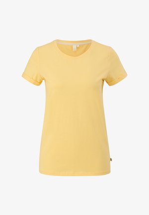 Gelbes kurzes Baumwoll-T-Shirt mit aufgerollten Ärmeln und rundem Ausschnitt, Größe S, vor weißem Hintergrund dargestellt.