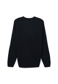 Maglione lavorato a maglia blu scuro con un motivo testurizzato, collo rotondo e maniche lunghe. Presenta polsini e orlo a coste, che mettono in risalto il design accogliente.