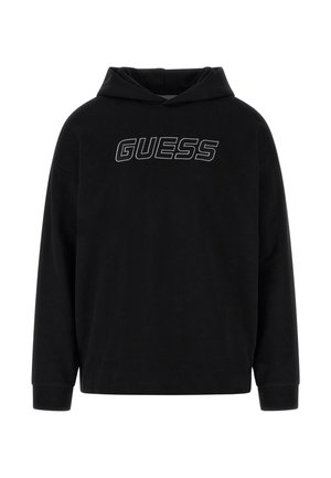 Black hoodie with long sleeves, featuring a front logo "GUESS" in bold white letters. Soft fabric with a classic fit and adjustable drawstring hood.