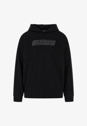 Zwarte hoodie met lange mouwen, voorzien van een voorlogo "GUESS" in vetgedrukte witte letters. Zachte stof met een klassieke pasvorm en een verstelbare trekkoordkap.