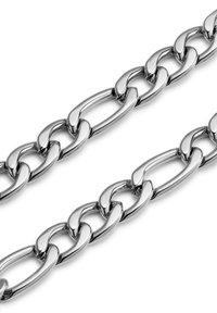 Metalliketju, jossa on keskenään linkittyviä ovaalimaisia lenkkejä, kiillotettu hopeanvärinen pinta, sileä rakenne ja tasainen muoto. Ei näkyvää ruostetta tai kulumista.