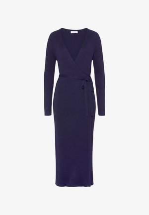 Navy blue ribbed wrap dress with long sleeves and a tie waist. Features a deep V-neckline and medium-length hem. Smooth texture.