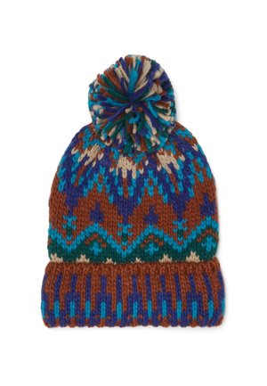 Knitted beanie with a multicolored design featuring brown, blue, and green, topped with a large multicolored pom-pom. Textured ribbed cuff.