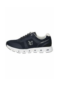 Marineblaue Sportschuhe mit texturiertem Obermaterial, weißer Sohle und Schmetterlings-Logo. Verfügt über ein Schnürdesign und einen gepolsterten Kragen für zusätzlichen Komfort.