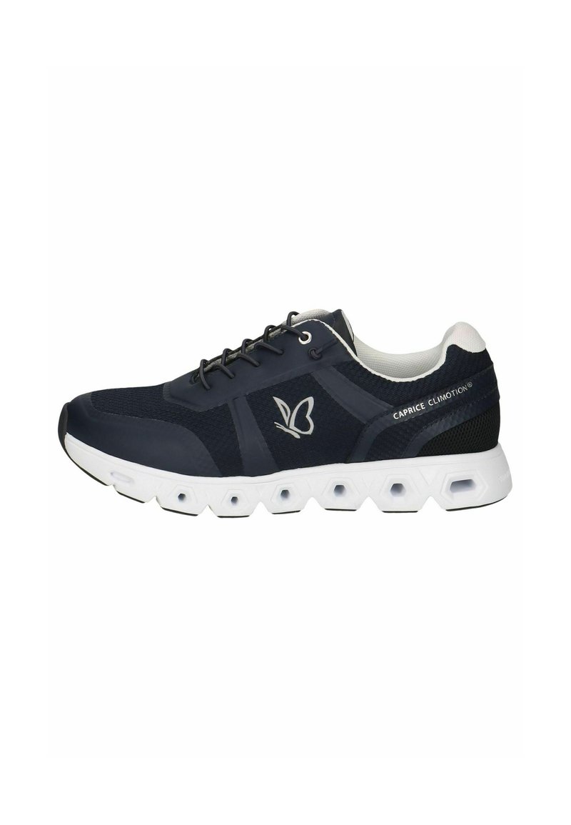 Marineblaue Sportschuhe mit texturiertem Obermaterial, weißer Sohle und Schmetterlings-Logo. Verfügt über ein Schnürdesign und einen gepolsterten Kragen für zusätzlichen Komfort.