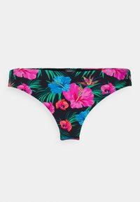 Parte de baixo de biquíni com um fundo preto e padrões florais tropicais vibrantes em rosa, azul e verde, feito de um tecido elástico.