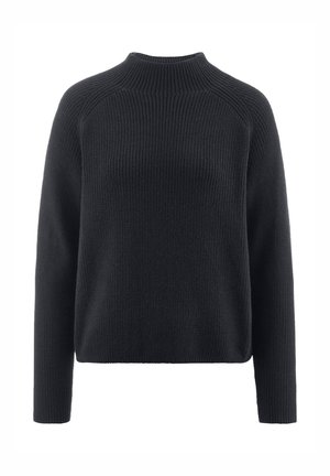 Zwarte geribde gebreide trui met een hoge hals, verlaagde schouders en lange mouwen. Zachte textuur met een relaxte pasvorm en minimalistisch ontwerp.