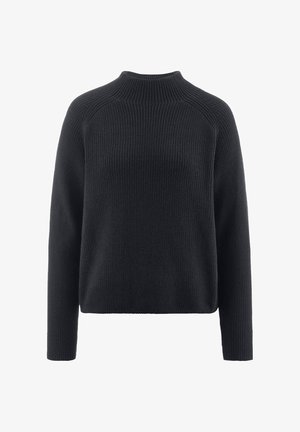 Zwarte geribde gebreide trui met een hoge hals, verlaagde schouders en lange mouwen. Zachte textuur met een relaxte pasvorm en minimalistisch ontwerp.