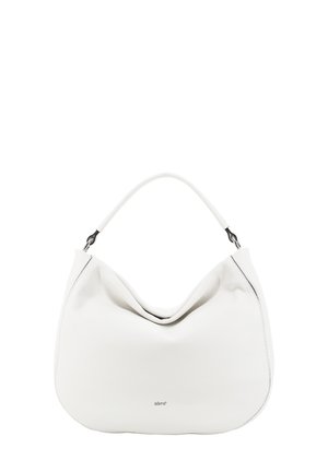 White leather handbag with a curved design, featuring a single shoulder strap and a smooth texture. Subtle branding at the bottom.