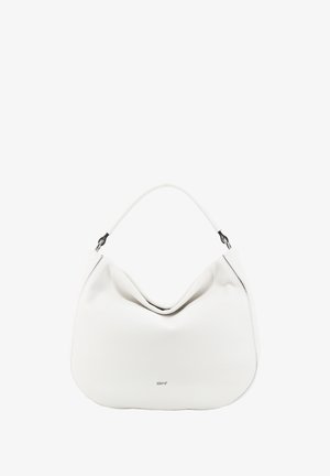 Weißer Lederhandtasche mit gewölbtem Design, ausgestattet mit einem einzelnen Schulterriemen und einer glatten Textur. Dezente Markenkennzeichnung am Boden.