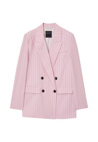 Blazer doppio petto rosa con rever dritti, righe nere e due tasche frontali. Presenta bottoni neri e un design elegante.