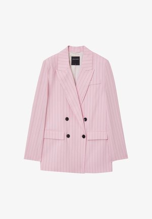 Pink double-breasted blazer with straight lapels, black pinstripes, and two front pockets. Features black buttons and a sleek design.