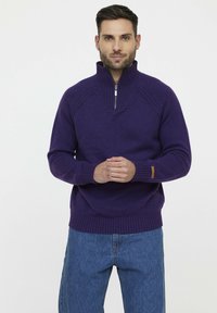 Pull en laine violet avec un col zippé demi-long, des poignets et un ourlet côtelés, arborant un motif texturé subtil, porté sur un jean en denim bleu.