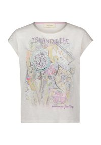 Grijze t-shirt met korte mouwen en een kleurrijk bloemenpatroon met de teksten "ISLAND LIFE" en "zomerse gevoel", ronde halslijn.