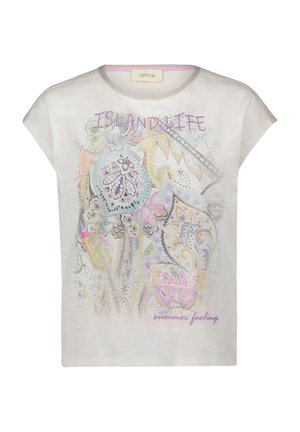 Grijze t-shirt met korte mouwen en een kleurrijk bloemenpatroon met de teksten "ISLAND LIFE" en "zomerse gevoel", ronde halslijn.