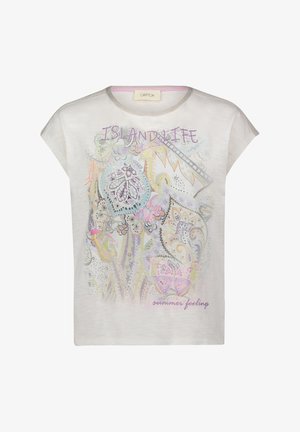 Grå t-shirt med korte ærmer og et farverigt blomstermotiv, der har teksten "ISLAND LIFE" og "sommerfølelse" samt rund halsudskæring.