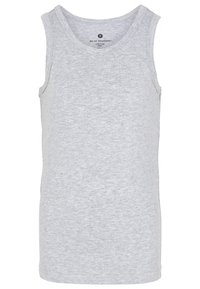 Grå bomulds tanktop med rund halsudskæring og uden ærmer. Stoffet har en subtil tekstur og er let tætsiddende med en lige nederste kant.