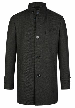 Abrigo de color gris oscuro con patrón de espiga, cuello alto, cierre de botones en el frente y un bolsillo en el pecho izquierdo. Confeccionado con tejido texturizado.