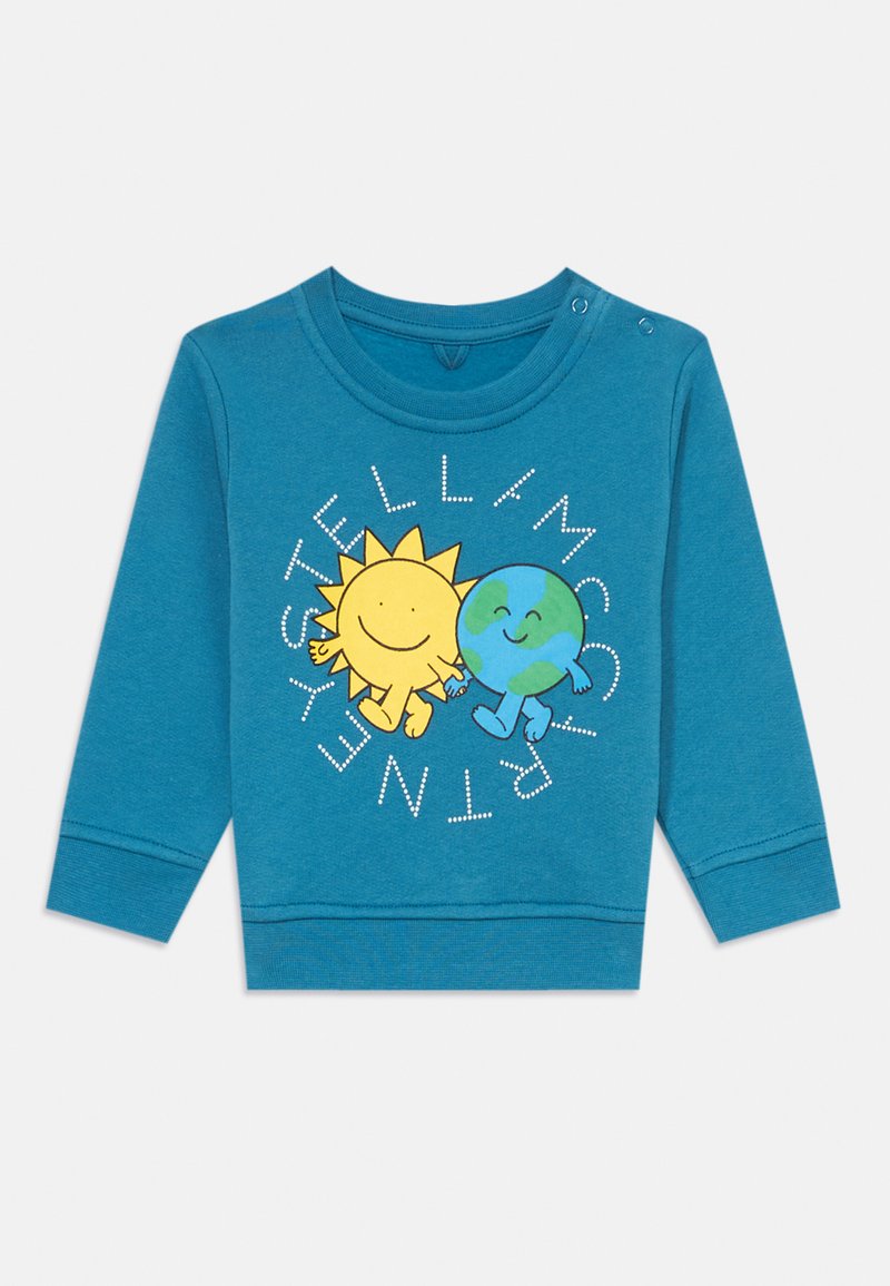 Felpa a maniche lunghe in morbido cotone color teal, con una grafica che rappresenta un sole giallo e un pianeta Terra verde accompagnata da testo. Il design include bottoni a pressione sulla spalla.