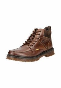 Brown leather ankle boots with a suede accent, round toe, and lace-up design. Features a thick rubber sole and subtle stitching details.