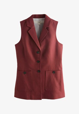 Ærmeløs vinrød linnedvest med krave, tre sorte knapper foran og to forlommer med knapdetaljer.