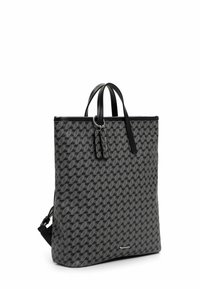 Black tote bag featuring a geometric pattern, made of textured material. It has dual handles and a detachable keychain accessory.