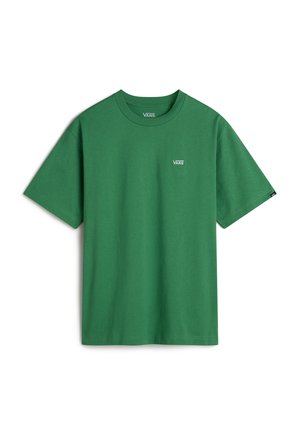 Green cotton t-shirt with short sleeves, a crew neck, and a small white Vans logo on the chest. Smooth texture, relaxed fit.