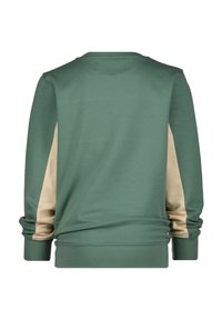 Sudadera verde con paneles laterales beis, cuello redondo y mangas largas. Tejido suave, puños y dobladillo acanalados. Diseño sencillo, sin logos ni gráficos.