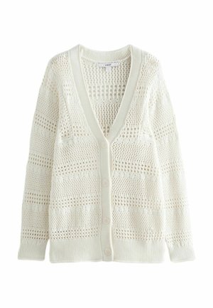 Cardigan blanc en tricot avec boutons sur le devant, manches longues, col en V et motif ajouré sur tout le tissu.