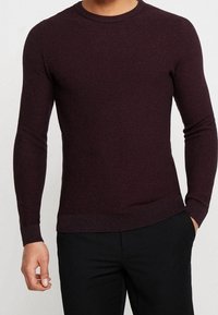 Maglione lavorato a maglia color bordò con maniche lunghe, polsini e orli a coste; il motivo testurizzato aggiunge profondità al design. Indossato sopra pantaloni scuri.