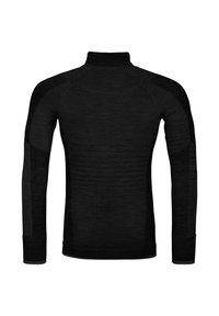 Black long-sleeve thermal top with a high collar, raglan sleeves, textured fabric, and contrasting gray accents on cuffs and shoulder seams.