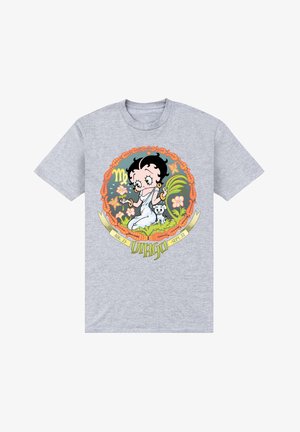 Szara bawełniana koszulka z kolorowym nadrukiem przedstawiającym postać z kwiatami, psem i napisem "Panna", otoczoną pomarańczową ramką.