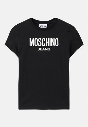 Black cotton t-shirt with short sleeves featuring white "MOSCHINO" and "JEANS" text in bold font. Classic crew neckline and smooth texture.