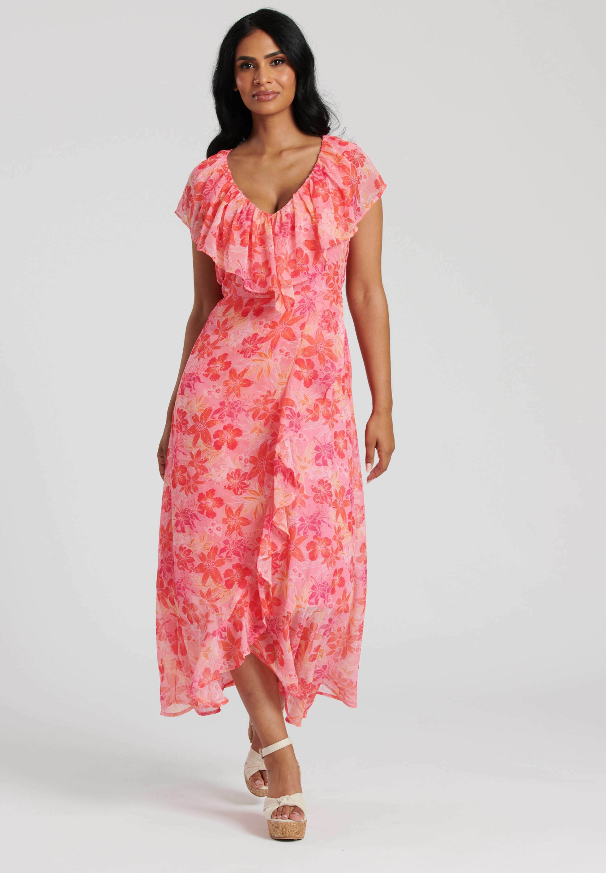 South Beach SUMMER PRINT FRILL NECK WRAP MIDI - Maxi dress - pink - Zalando