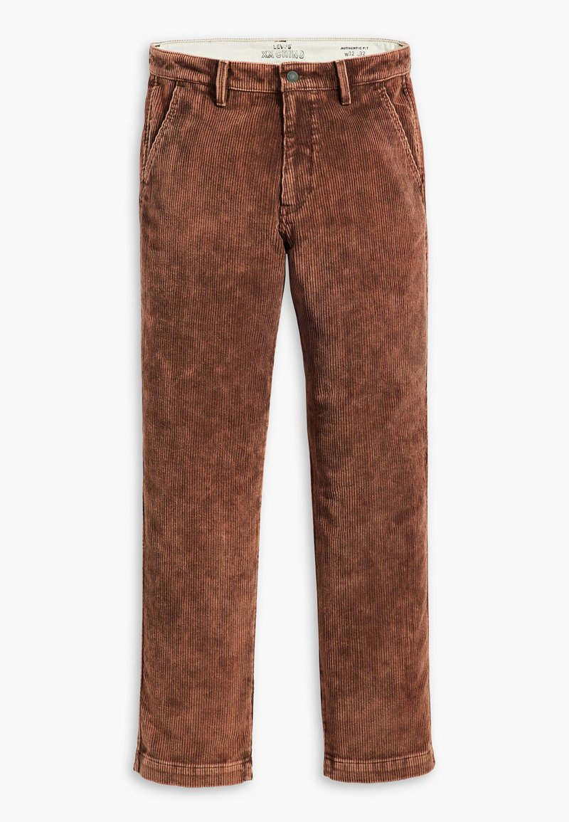 Braune Cord-Chinos mit geradem Bein, vertikaler gerippter Struktur, Seitentaschen und einem Knopfverschluss am Bund.