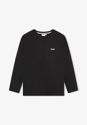 T-shirt a maniche lunghe nero in cotone, con scollo rotondo e un piccolo logo bianco sul petto. Design semplice senza motivo.