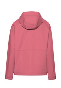 Pinkfarbene Kapuzenjacke mit elastischen Bündchen, sichtbaren Nähten und geradem Saum, von hinten vor weißem Hintergrund dargestellt.