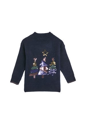 Granatowy sweter dzianinowy z ozdobnymi haftami w kształcie choinek świątecznych w różnych kolorach oraz złotą gwiazdą z przodu. Okrągły dekolt i długie rękawy.