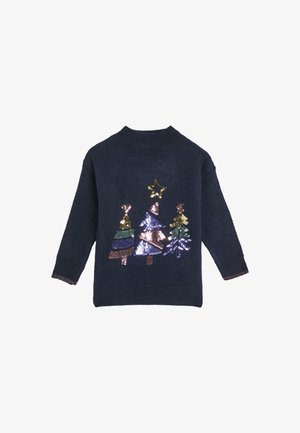 Maglione a maglia blu navy con design di alberi di Natale in paillettes di vari colori e una stella dorata sul davanti. Collo a giro e maniche lunghe.