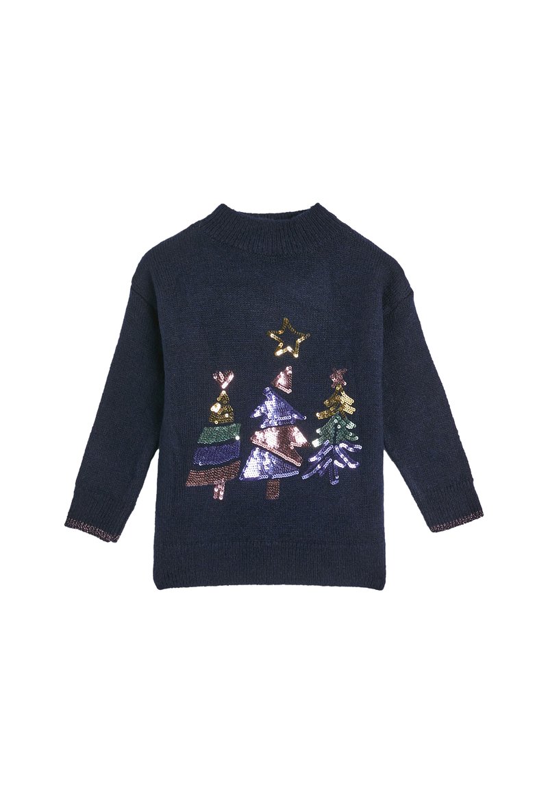 Granatowy sweter dzianinowy z ozdobnymi haftami w kształcie choinek świątecznych w różnych kolorach oraz złotą gwiazdą z przodu. Okrągły dekolt i długie rękawy.