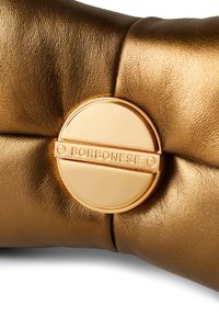 Gold-colored leather clutch featuring a smooth texture and a circular, metallic clasp engraved with "BORBONESE." Elegant design with pleated detail.